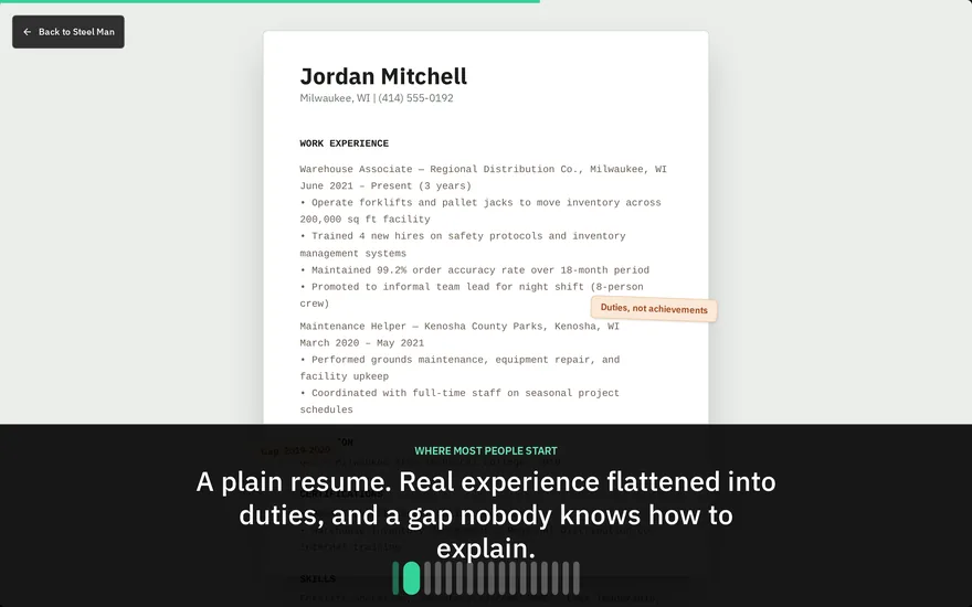 Where most people start: a plain resume with real experience flattened into duties, and a gap nobody knows how to explain