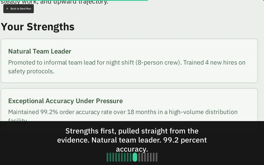 Forge results: strengths first, pulled straight from the evidence -- natural team leader, 99.2 percent accuracy