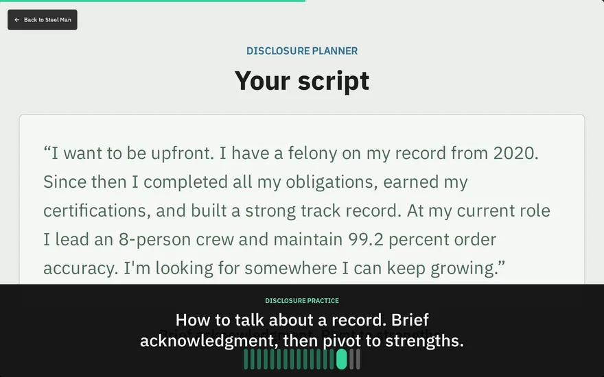 The disclosure planner: a script for how to talk about a record -- brief acknowledgment, then pivot to strengths